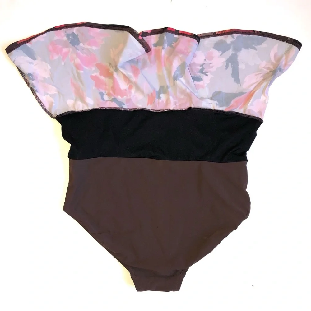 Lands End Swim Coral Pink Tankini and Brown Floral Swim Skirt 4P 4 Petite